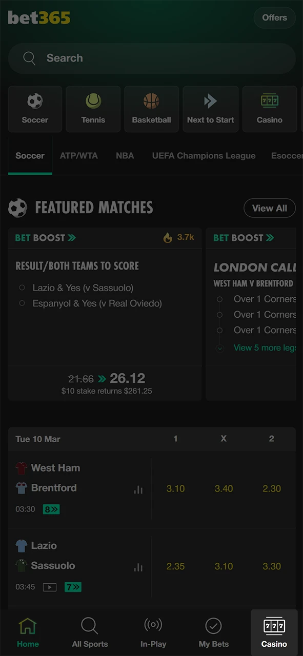 Locate the bet365 casino section to find top games.