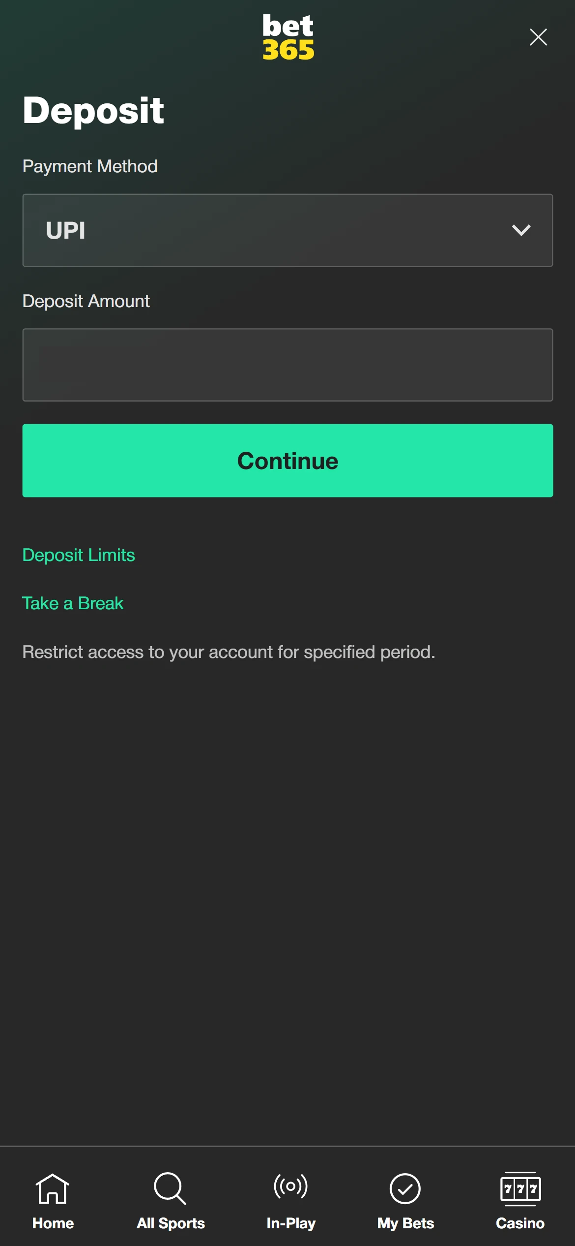 Deposit casino funds to play in the official bet365 App.