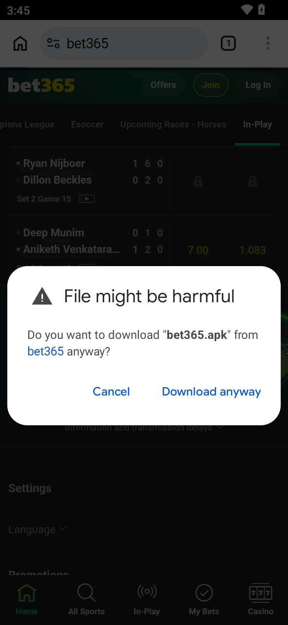 Select the Android APK file to install the bet365 App.