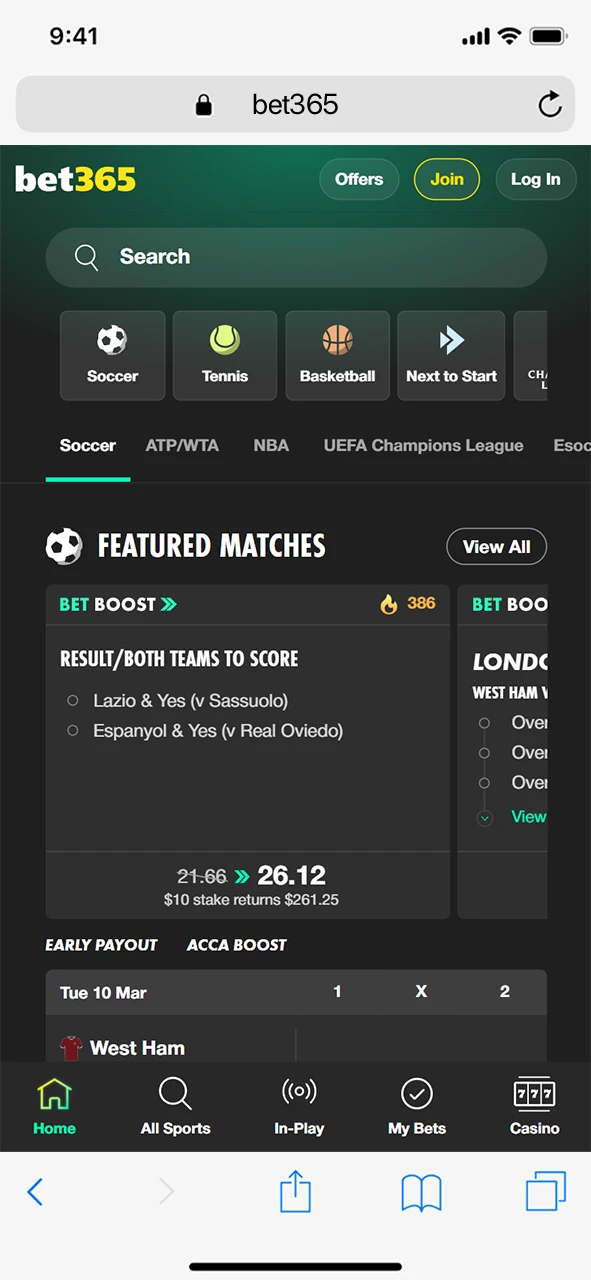 Access the iOS platform to use the official bet365 App.