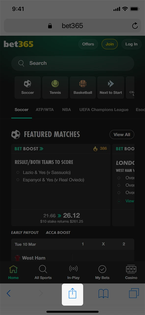 Create an iOS shortcut for the bet365 App on your screen.
