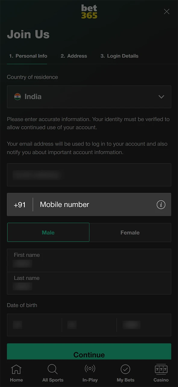 Provide contact details to verify your bet365 registration account.
