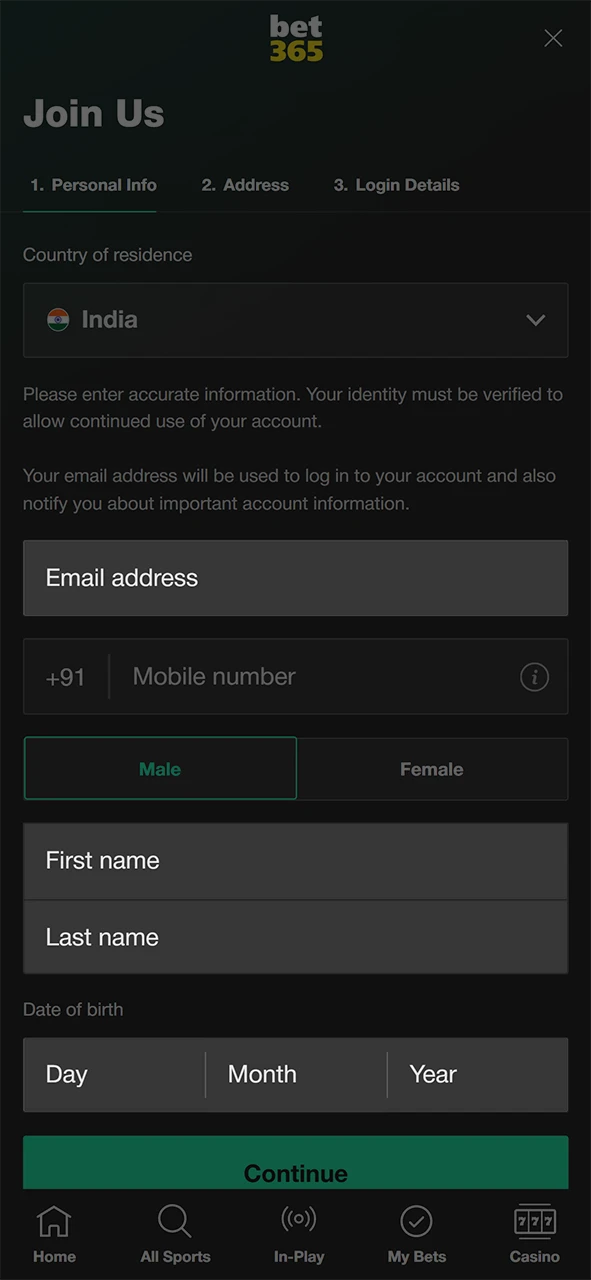 Complete your registration profile at bet365 with personal information.