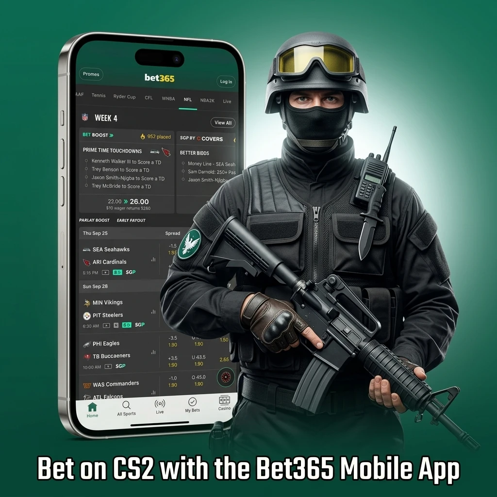 Bet365 mobile app interface for CS2 esports betting with live markets and match options available in India