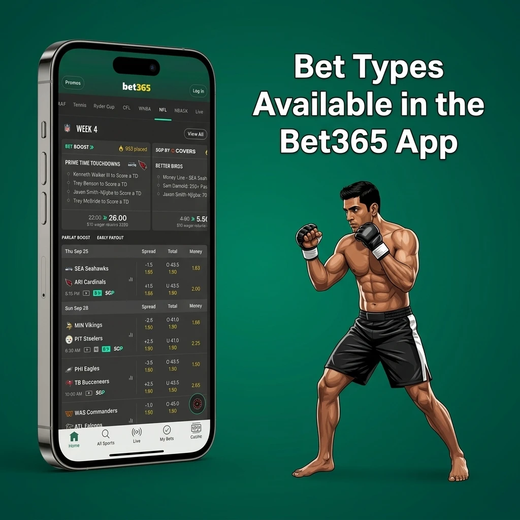 Bet365 app bet types including single, accumulator, treble, system, and in-play bets for all punters