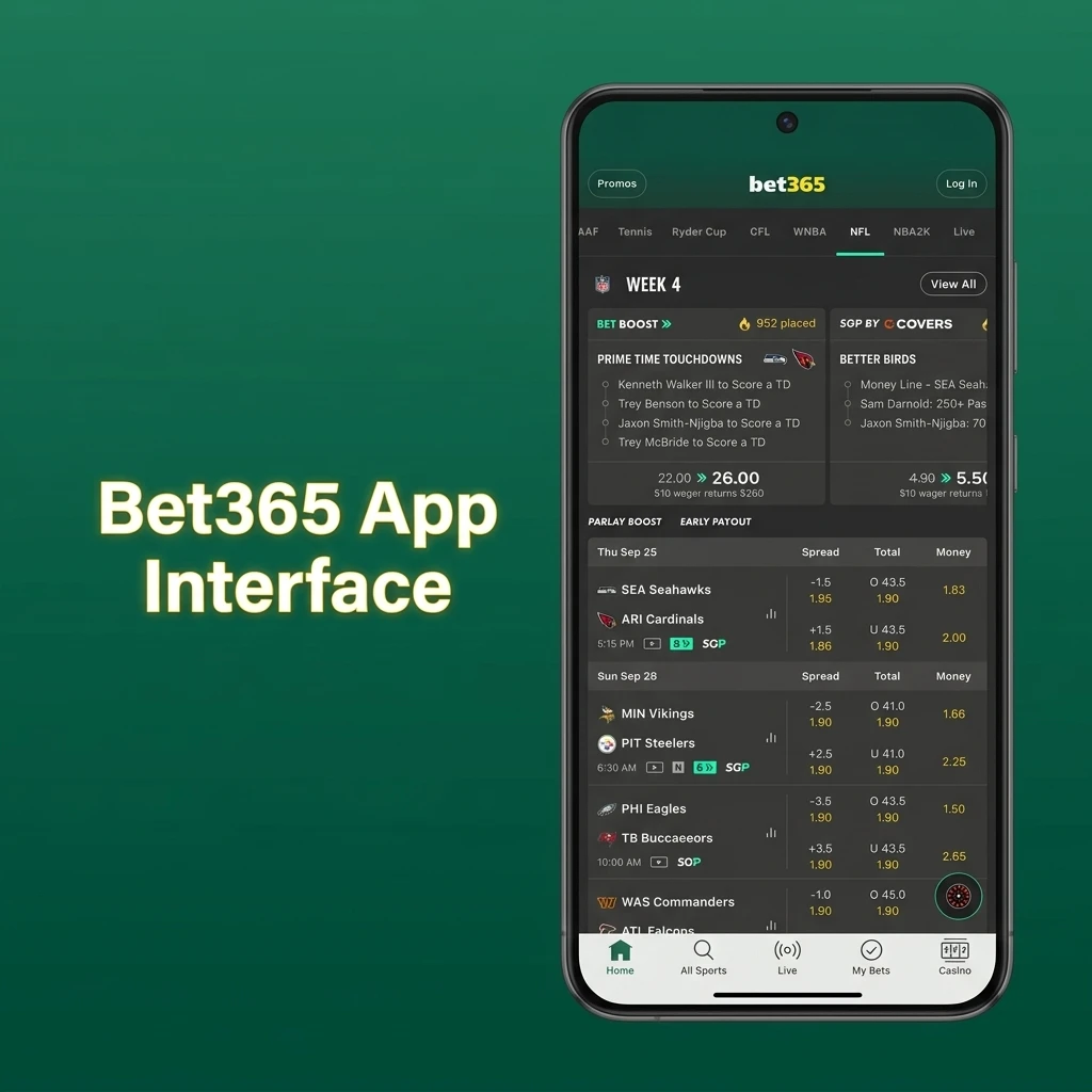 Bet365 mobile app dark green interface showing sports, casino, live dealer and account menu options for seamless navigation