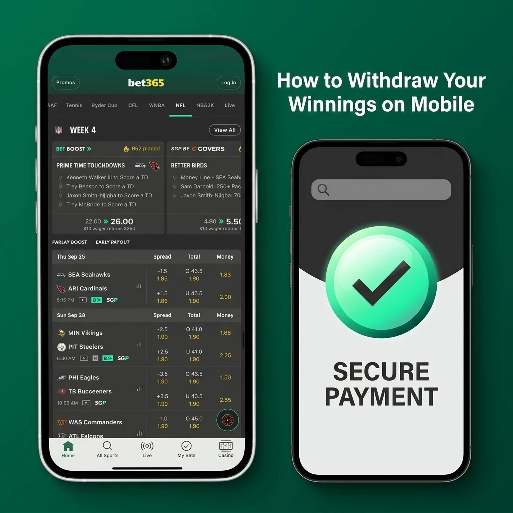 Bet365 mobile withdrawal steps showing Cashier menu, UPI and bank transfer options with minimum INR 400 limit