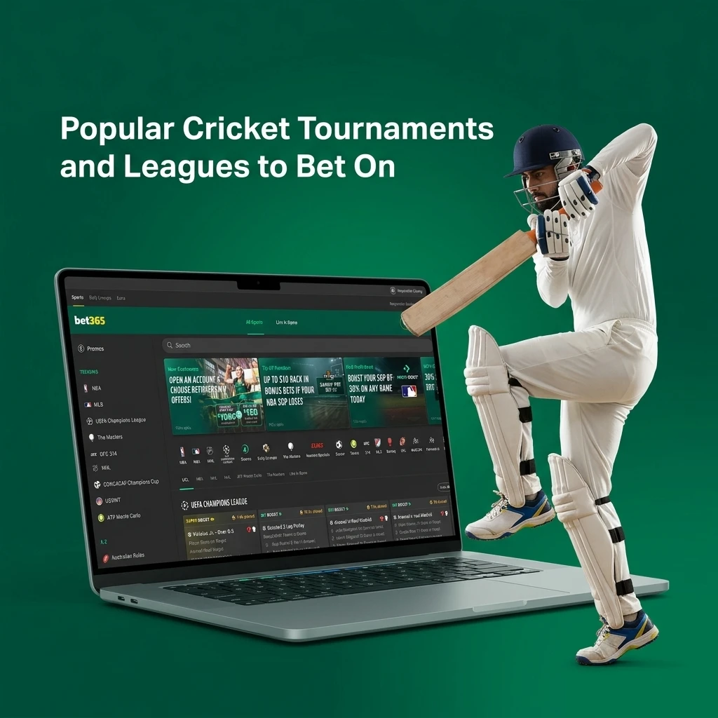 Popular cricket tournaments available for betting on Bet365 including IPL, T20 World Cup, The Ashes, and global leagues