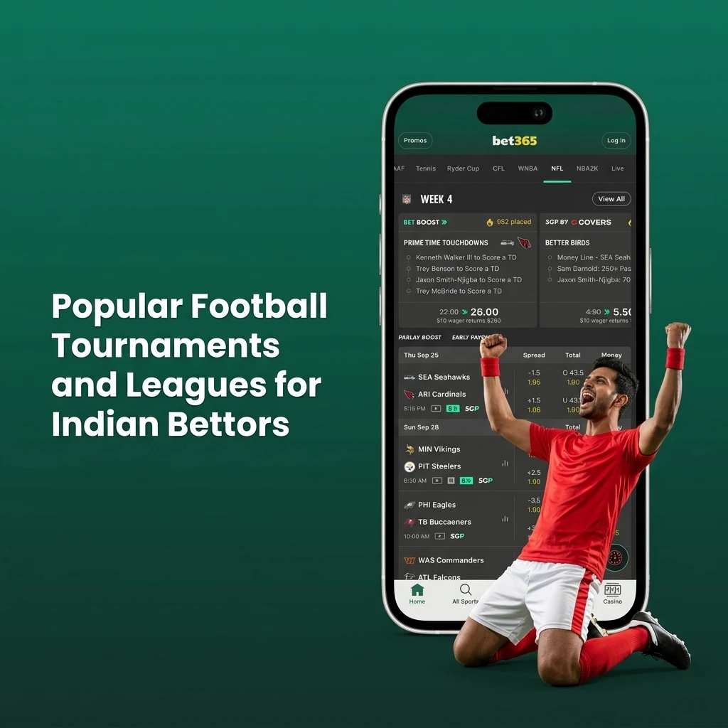 Popular football tournaments on Bet365 for Indian bettors including FIFA World Cup, EPL, ISL, and UEFA Champions League