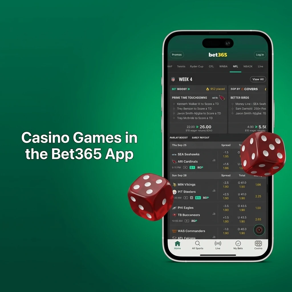Bet365 app casino games including slots, live casino, and table games by Pragmatic Play, Evolution, and NetEnt