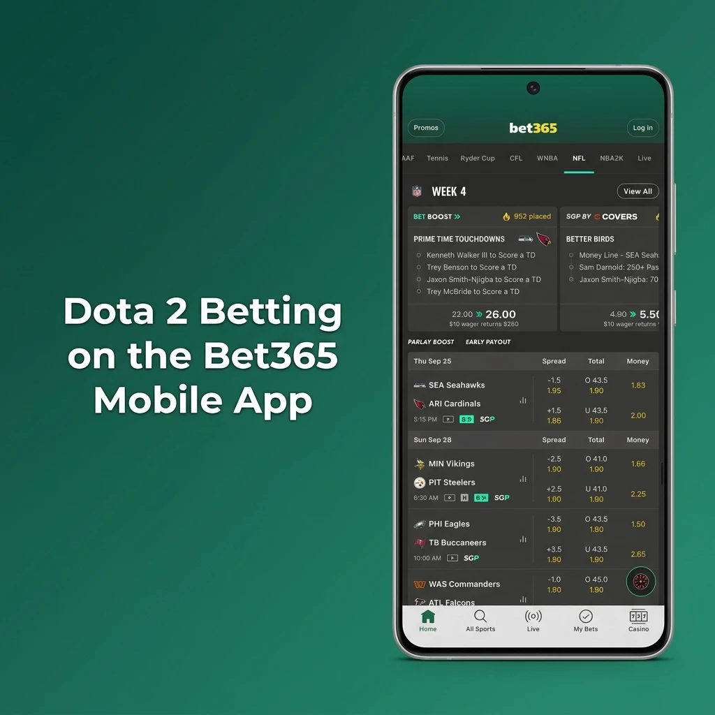 Bet365 mobile app open to Dota 2 esports betting section showing live match odds and bet slip on smartphone