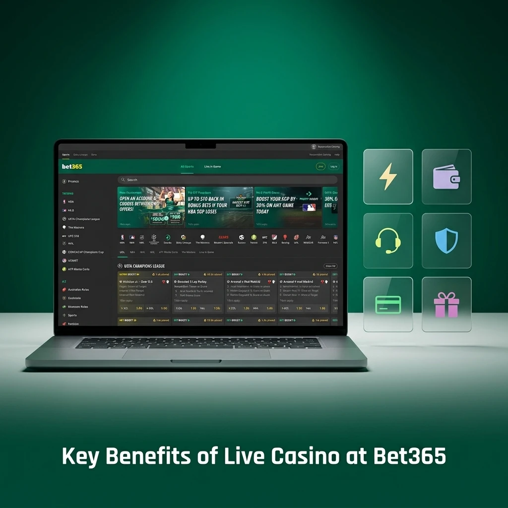 Key benefits of Bet365 Live Casino including Indian games, flexible stakes, mobile access, and certified RTP