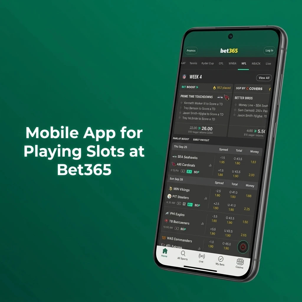 Bet365 mobile app slots lobby on smartphone showing casino games navigation for Android and iOS users