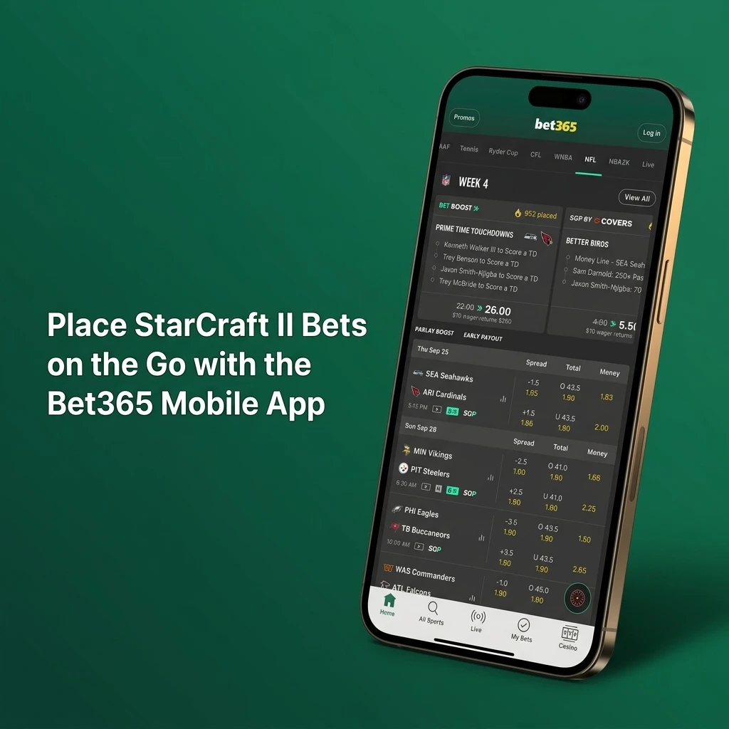 Bet365 mobile app open on StarCraft II esports betting markets showing live odds on a smartphone screen