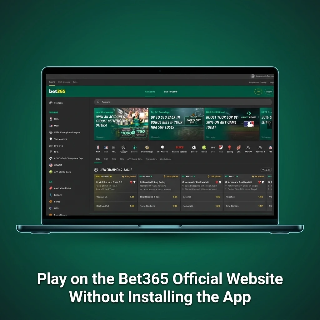 Bet365 official website accessed via browser on PC without app installation, showing full betting platform