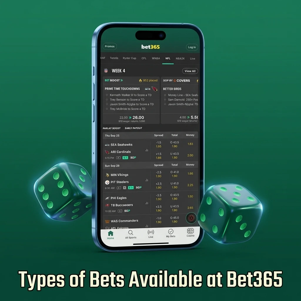 Diagram showing types of bets at Bet365 including Single, Accumulator, Treble, System, and In-Play bets