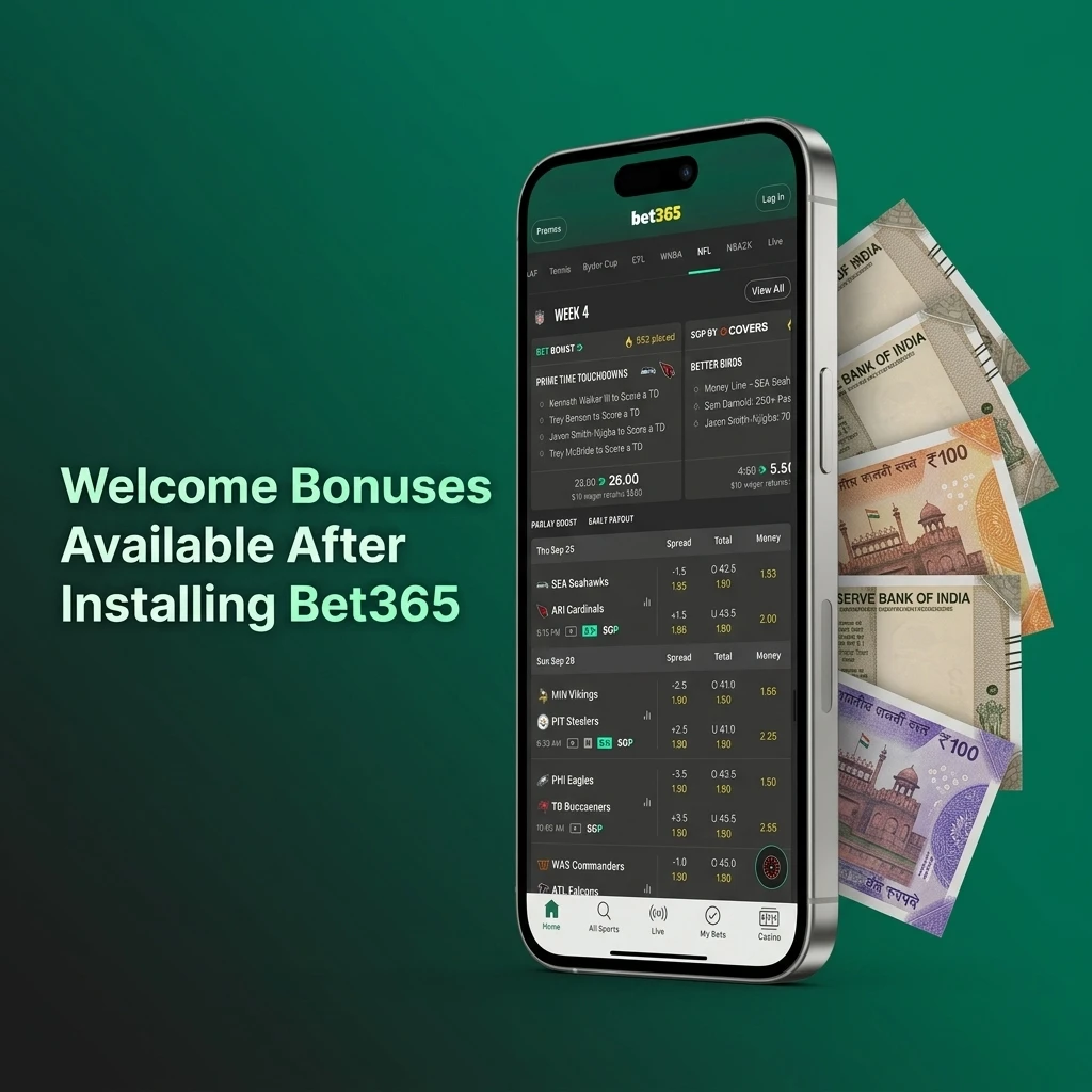 Bet365 app welcome bonuses including 15% first deposit bonus up to INR 4,000 for sports betting in India